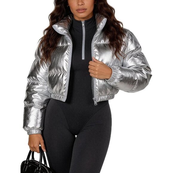 Jackets & Blazers - Women's Silver Metallic Cropped Zip-up Winter Coat Outerwear Puffer Jacket